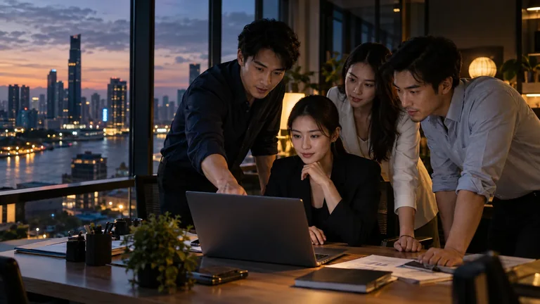 เพื่อนร่วมงานสี่คนกำลังดูงานบนแล็ปท็อปในสำนักงานช่วงพลบค่ำ